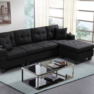 GINGVAT L Shaped Upholstered Sectional Sofa, Modern Fabric Couch with Reversible Chaise and 2 Cupholders, Living Room Furniture Fashion Design, Black