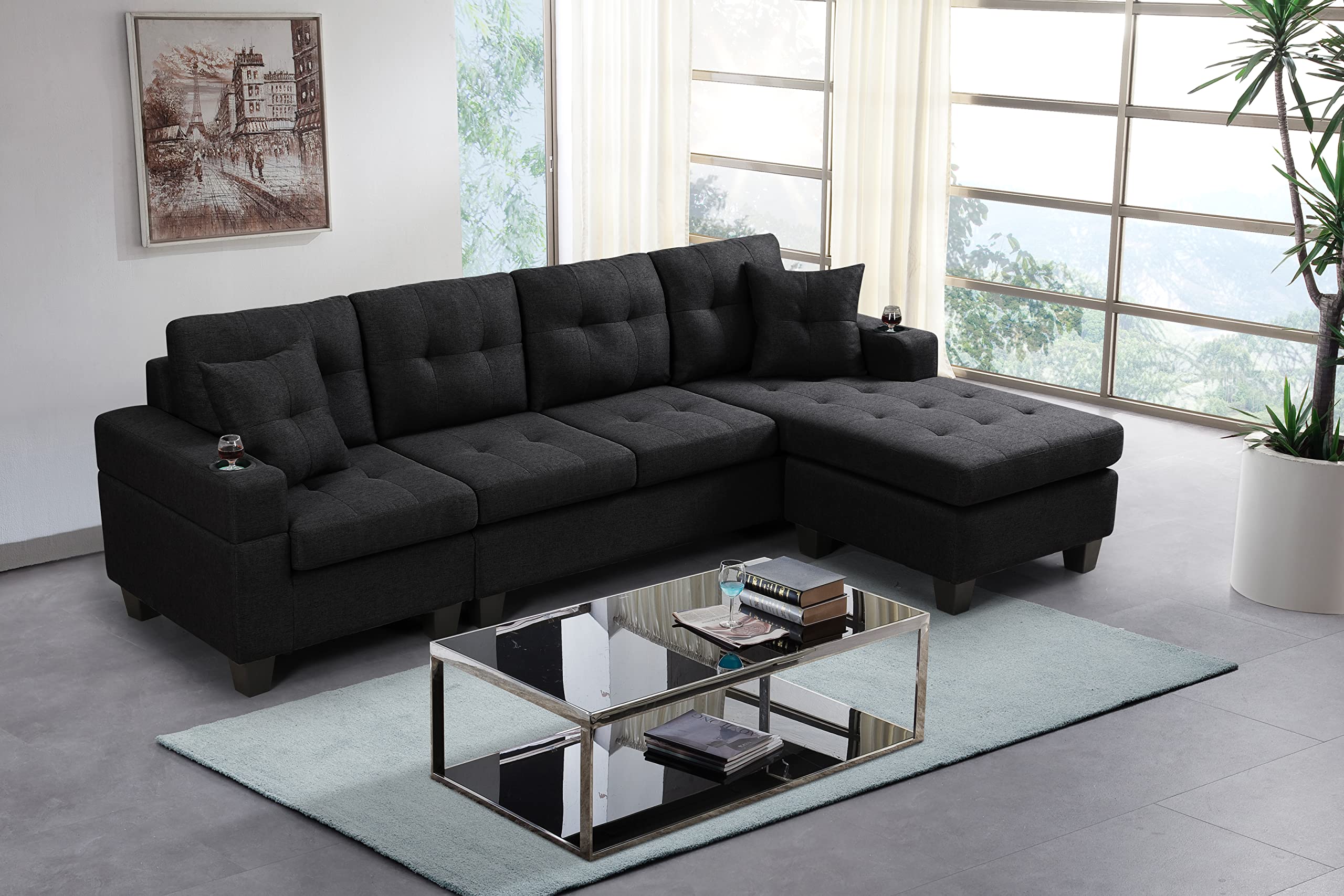 GINGVAT L Shaped Upholstered Sectional Sofa, Modern Fabric Couch with Reversible Chaise and 2 Cupholders, Living Room Furniture Fashion Design, Black