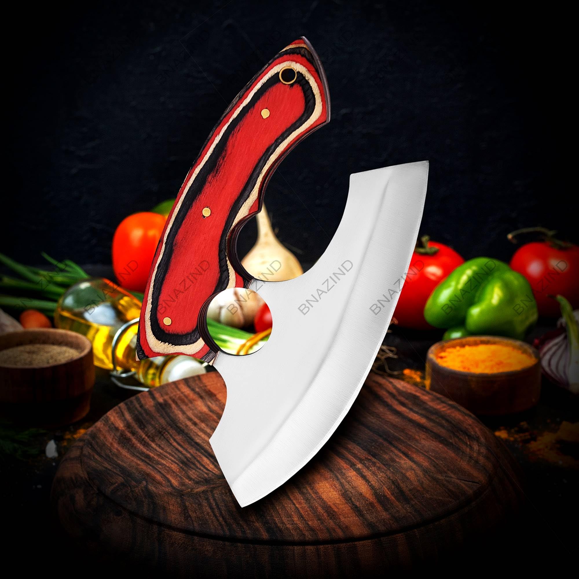 BNAZIND Handmade Ulu Knife | Alaskan Ulu Knife with Sheath | Multi-Purpose Mezzaluna Ulu Knife | Pizza Cutter Rocker Knife | Curved Crescent knife. (BNZ-ULU-06)