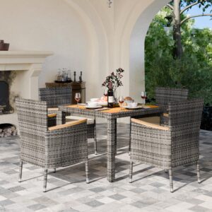 JAMFLY 5 Pieces Outdoor Patio Dining Set, Wicker Patio Furniture Set with Wood Table and 4 Chairs with Soft Cushions for Yard, Garden, Porch and Poolside (Grey)