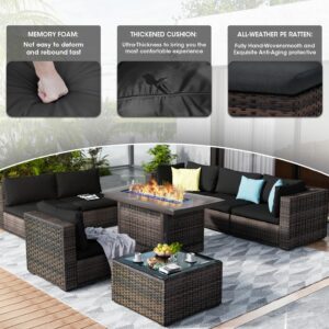 GREZJXC 3 Pieces Outdoor Sectional Patio Furniture Set with Fire Pit Table PE Rattan Wicker Patio Sectional Conversation Set with Cushions Black