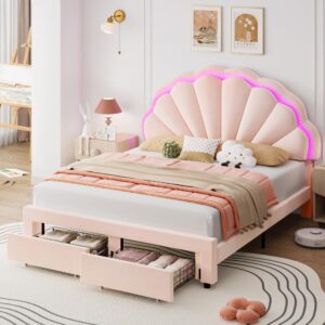 hifit full size upholstered smart led bed frame with 2 storage drawers and adjustable chic double petal headboard, princess platform bed for girls, solid wood slats support/no box spring needed, pink