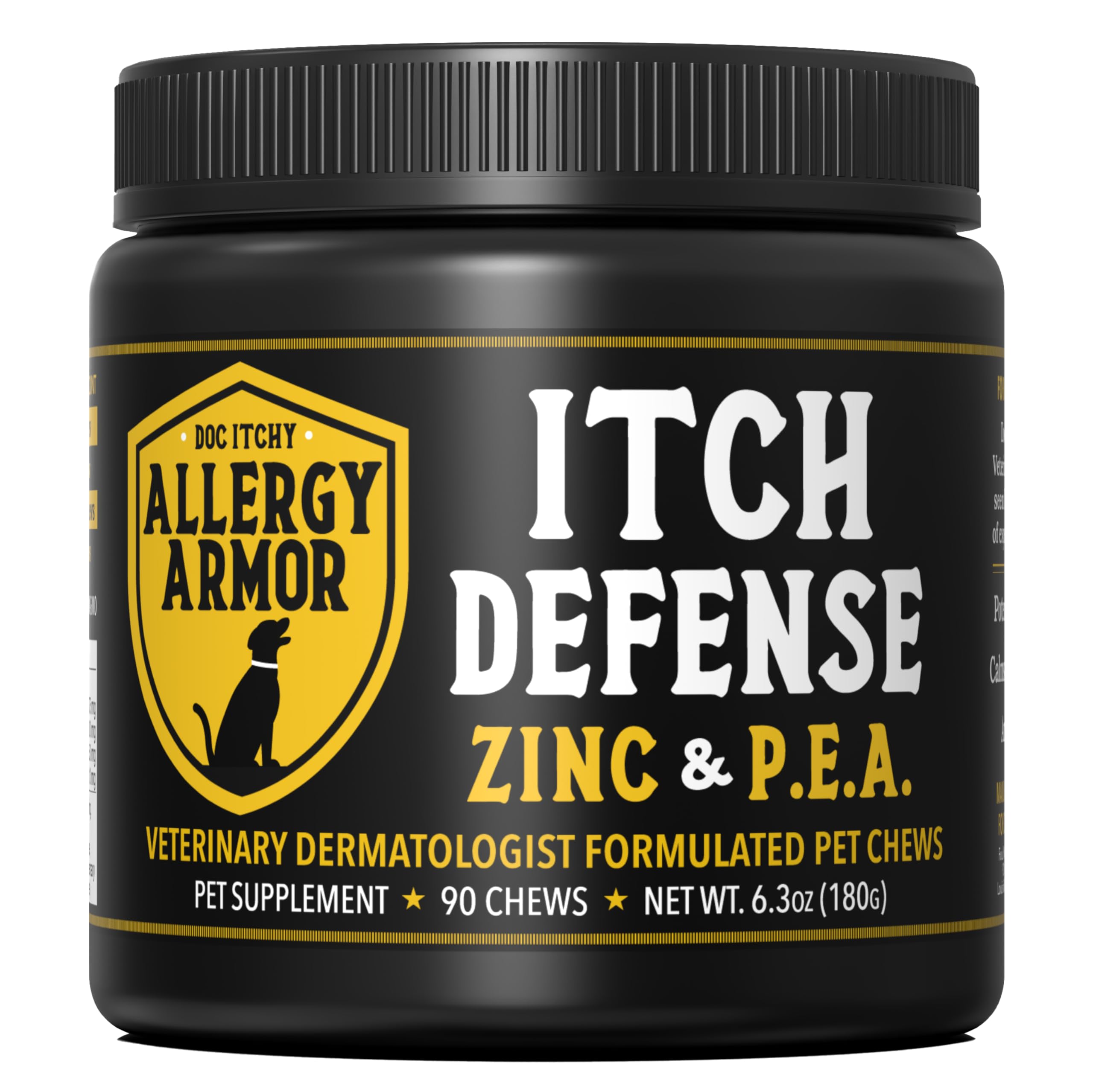 Doc Itchy: Allergy Armor Itch Defense Dog Pet Chews | Clinical-Strength Medical Zinc + P.E.A. | Vit E & Rosemary Extract | Reduce Itch & Pain Suffering | Control Allergy | Food Allergy Safe | 90 count