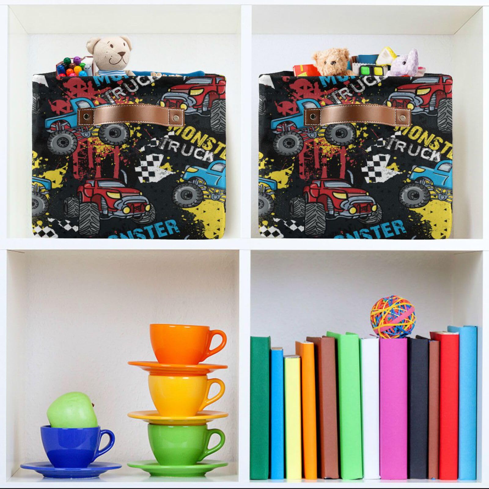 Monster Truck Black Red Blue Storage Basket Fabric Toy Baskets Racing Cars Boys Open Home Storage Bins Boxes Foldable Organizer Bag for Toy Book Shelf Closet Baskets 16×12×8 Inches