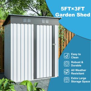 ACQCA 5X3 FT Outdoor Storage Shed with Pent Roof and 2 Punched Vents,Galvanized Metal Garden Sheds w/Lockable Doors,Hinged Door & Padlock,for Patio Lawn Backyard Trash Cans Tool,White+Grey