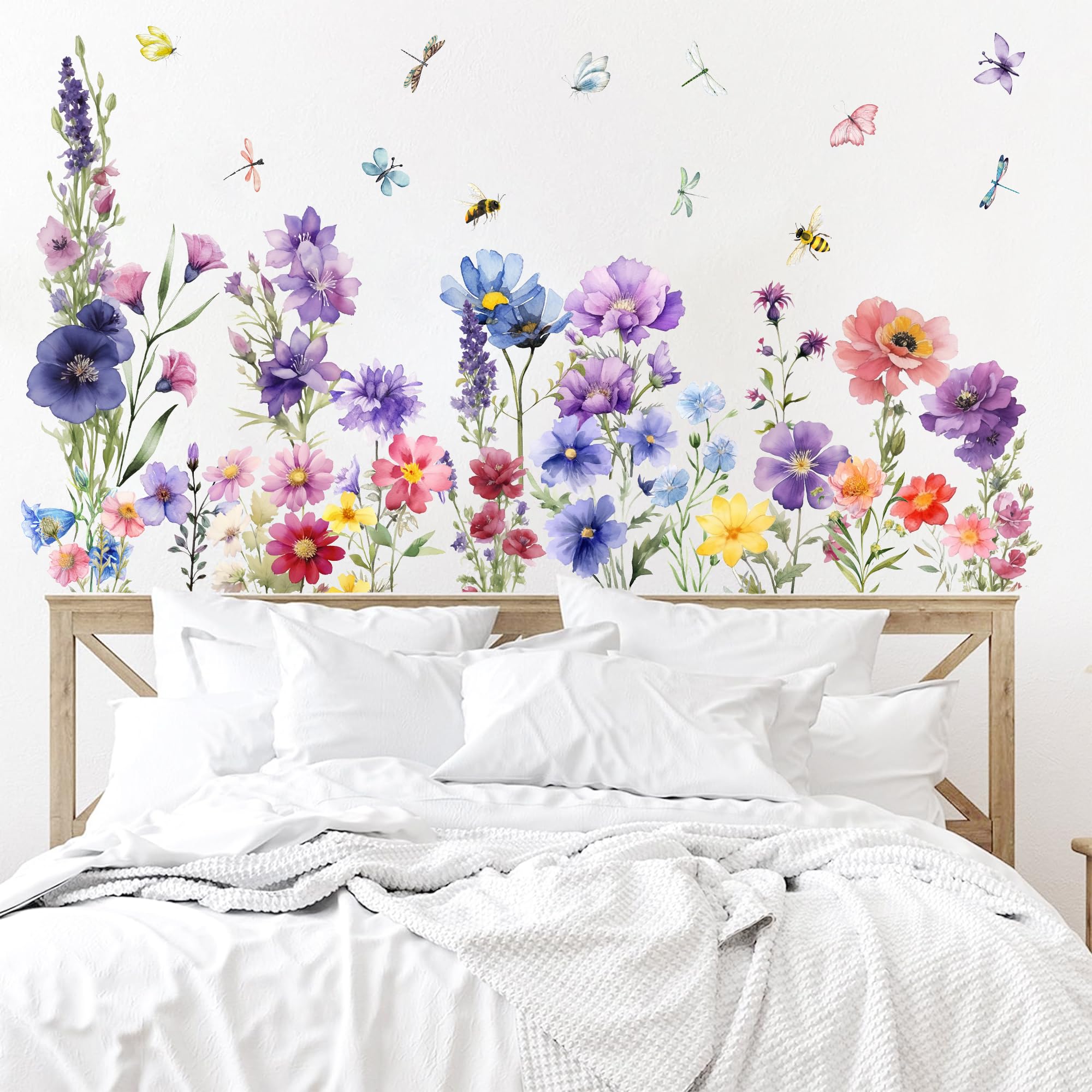 9 Pieces Flowers Wall Decals Flower Decals for Walls Vinyl Flowers Wall Stickers Peel and Stick Removable Butterfly Spring Floral Wall Decals Wall Art Decals Decor for Girls Bedroom Living Room