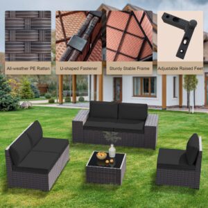 GREZJXC 3 Pieces Outdoor Sectional Patio Furniture Set with Fire Pit Table PE Rattan Wicker Patio Sectional Conversation Set with Cushions Black