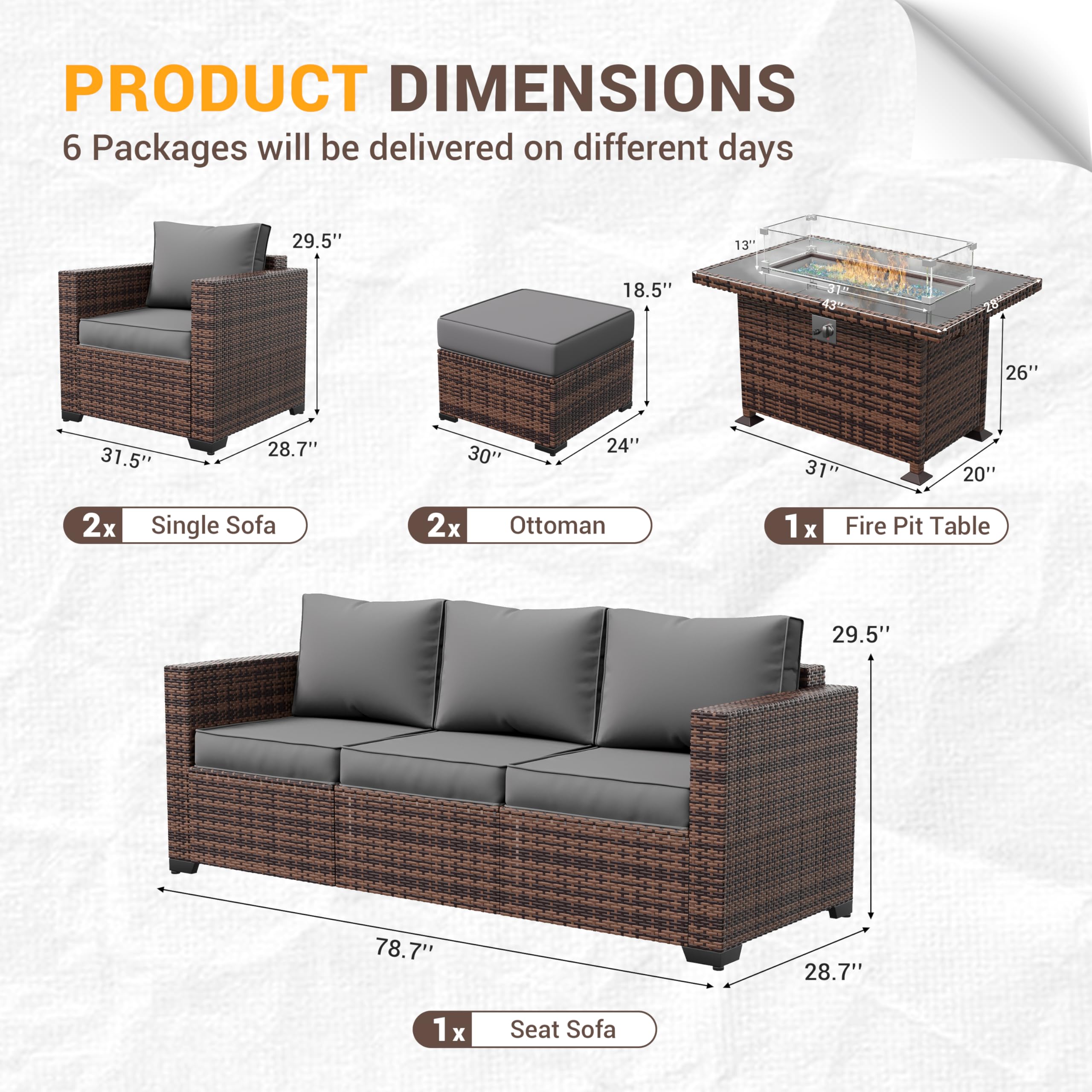 Amopatio Outdoor Patio Furniture Sets, 8 Pieces Wicker Patio Furniture, Outdoor Sectional Patio Couch Set with Ottoman, Outdoor Conversation Set with 44" Gas Fire Pit for Outside (Grey)