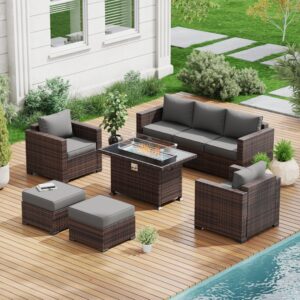 amopatio outdoor patio furniture sets, 8 pieces wicker patio furniture, outdoor sectional patio couch set with ottoman, outdoor conversation set with 44" gas fire pit for outside (grey)