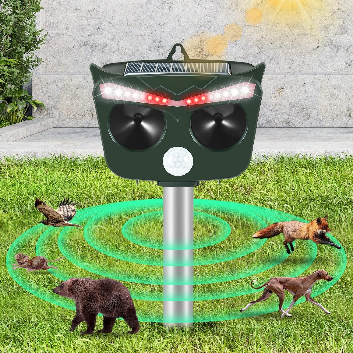 Jahy2Tech Ultrasonic Solar Animal Repeller Outdoor Animal Repellent with Motion Sensor,6 Frequency Setting,Loud Deterrence Sound,16 Flashing Lights,Deer Cat Dog Raccoon Squirrel Deterrent Device