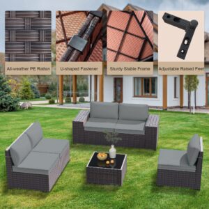 GREZJXC 4 Pieces Outdoor Sectional Patio Furniture Set with Fire Pit Table,PE Rattan Wicker Patio Sectional Conversation Set with Cushions and Glass Coffee Table Grey