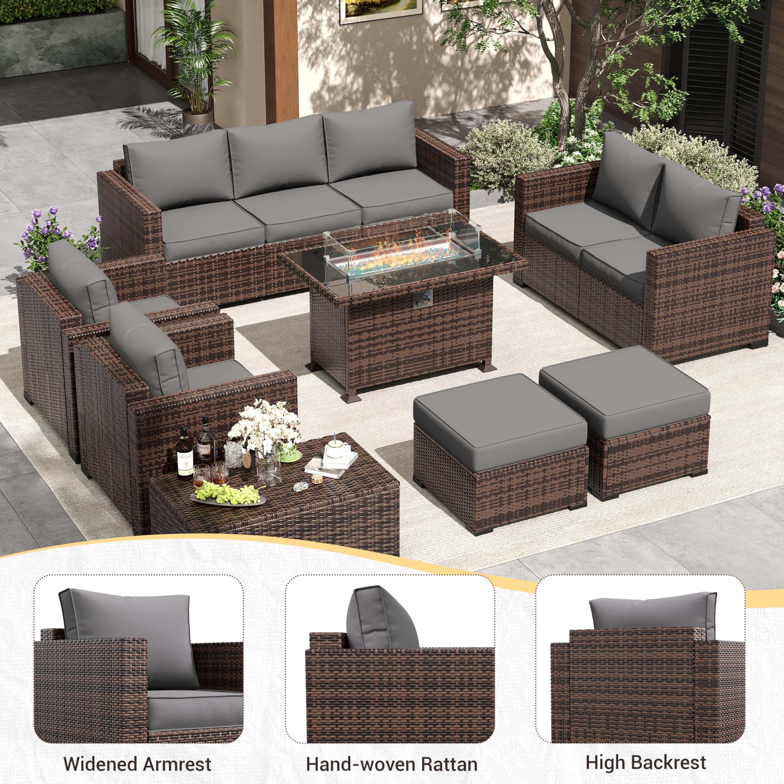 Amopatio Outdoor Patio Furniture Sets, 8 Pieces Wicker Patio Furniture, Outdoor Sectional Patio Couch Set with Ottoman, Outdoor Conversation Set with 44" Gas Fire Pit for Outside (Grey)