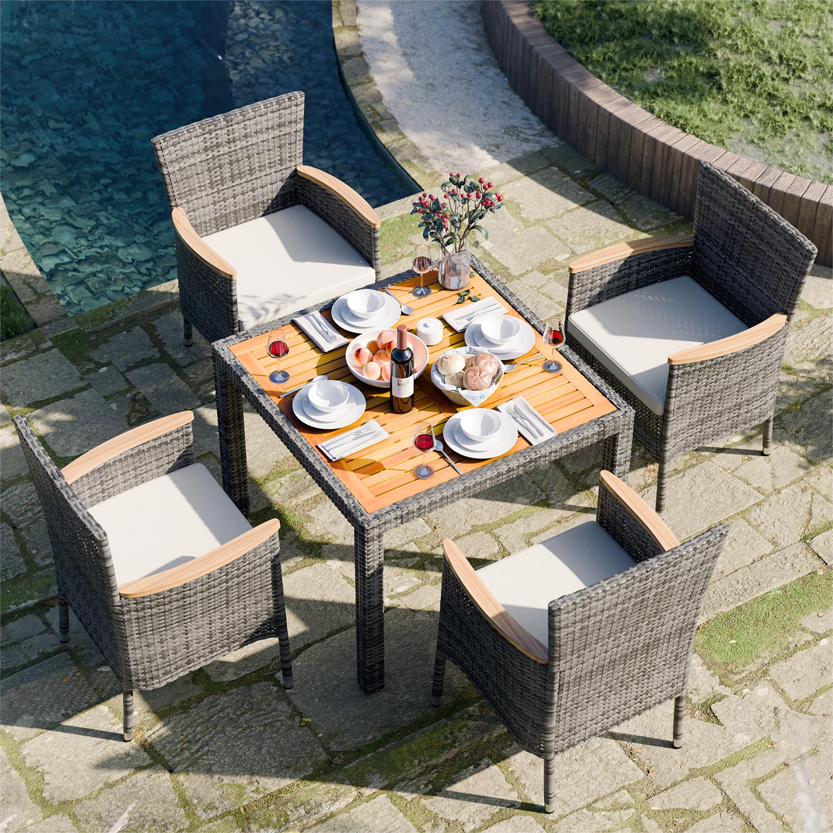 JAMFLY 5 Pieces Outdoor Patio Dining Set, Wicker Patio Furniture Set with Wood Table and 4 Chairs with Soft Cushions for Yard, Garden, Porch and Poolside (Grey)