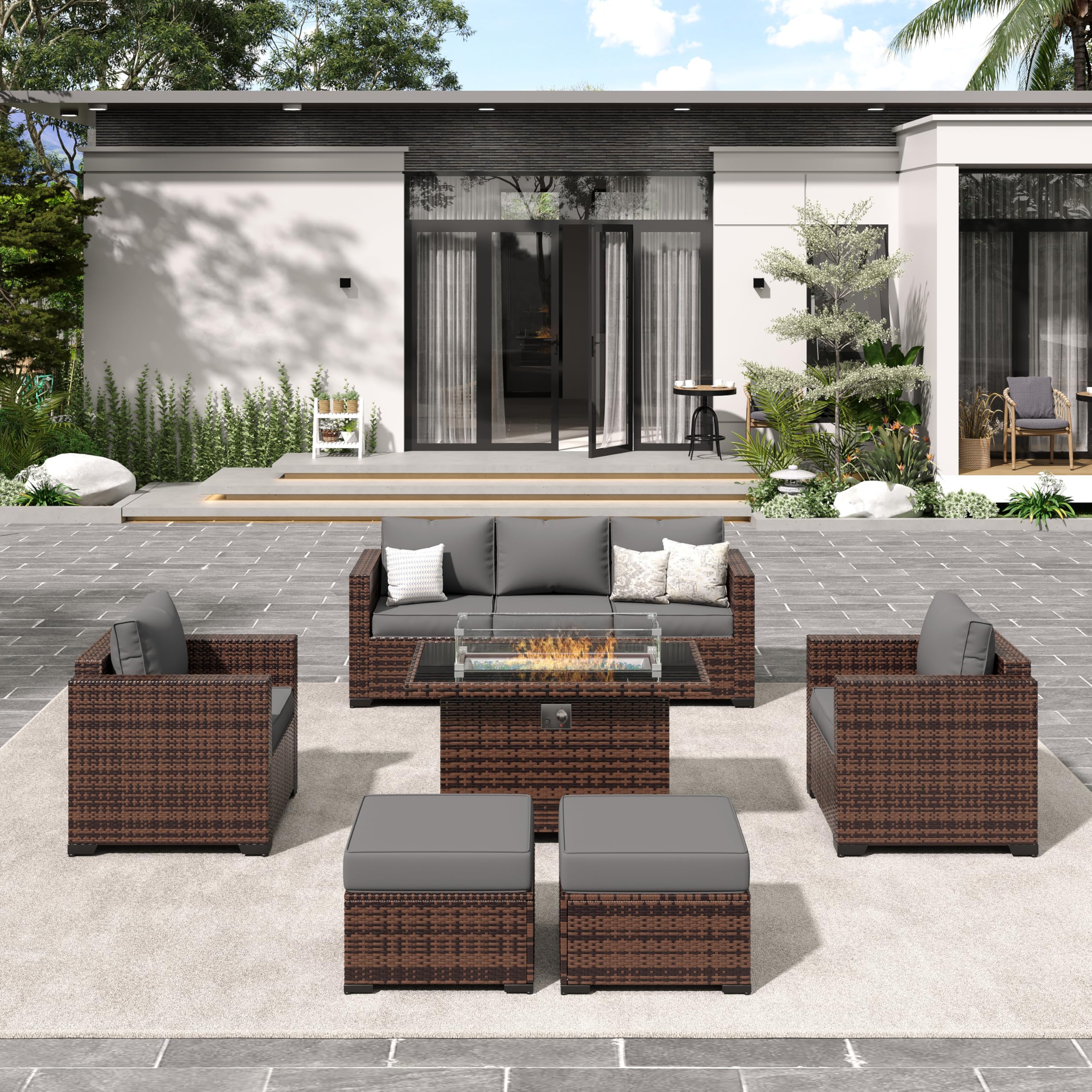 Amopatio Outdoor Patio Furniture Sets, 8 Pieces Wicker Patio Furniture, Outdoor Sectional Patio Couch Set with Ottoman, Outdoor Conversation Set with 44" Gas Fire Pit for Outside (Grey)