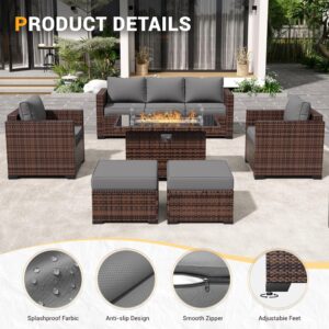 Amopatio Outdoor Patio Furniture Sets, 8 Pieces Wicker Patio Furniture, Outdoor Sectional Patio Couch Set with Ottoman, Outdoor Conversation Set with 44" Gas Fire Pit for Outside (Grey)