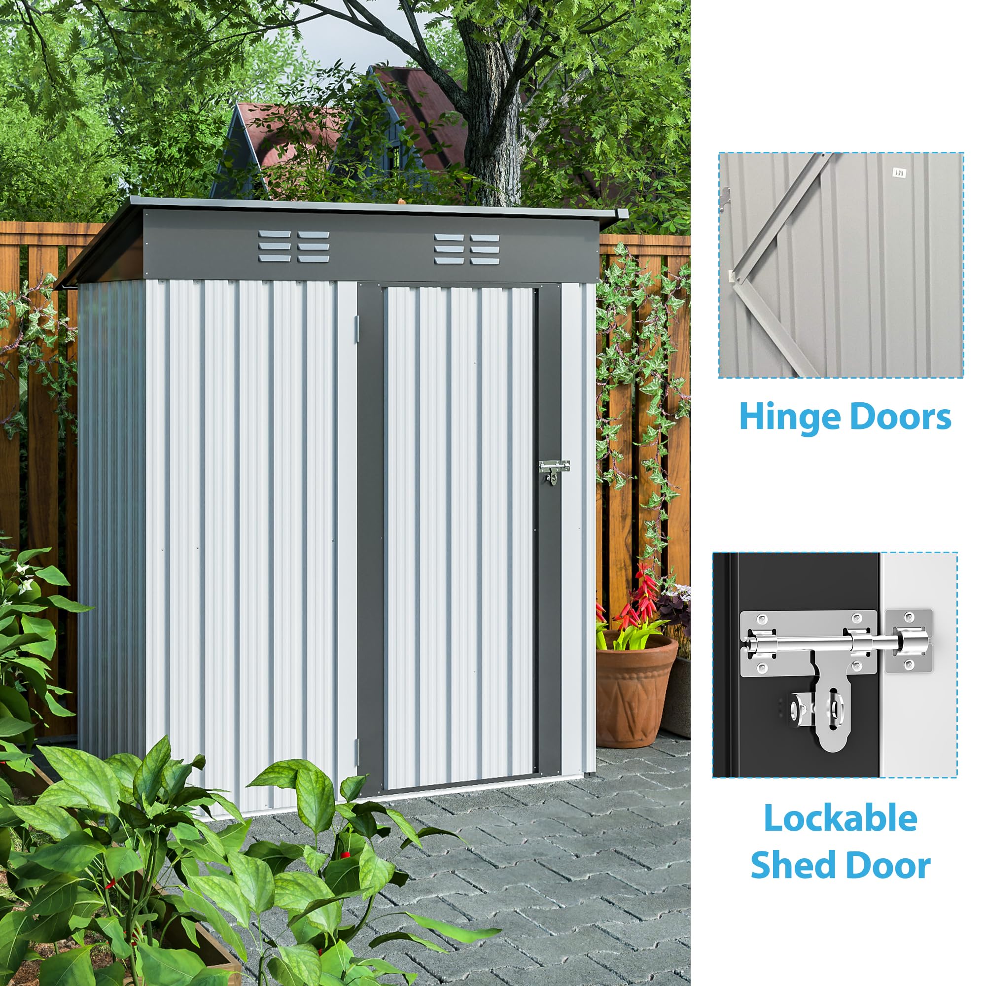 ACQCA 5X3 FT Outdoor Storage Shed with Pent Roof and 2 Punched Vents,Galvanized Metal Garden Sheds w/Lockable Doors,Hinged Door & Padlock,for Patio Lawn Backyard Trash Cans Tool,White+Grey