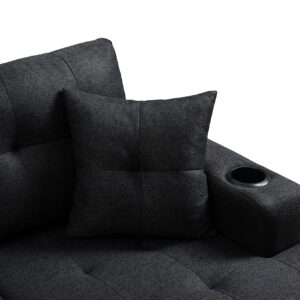 GINGVAT L Shaped Upholstered Sectional Sofa, Modern Fabric Couch with Reversible Chaise and 2 Cupholders, Living Room Furniture Fashion Design, Black