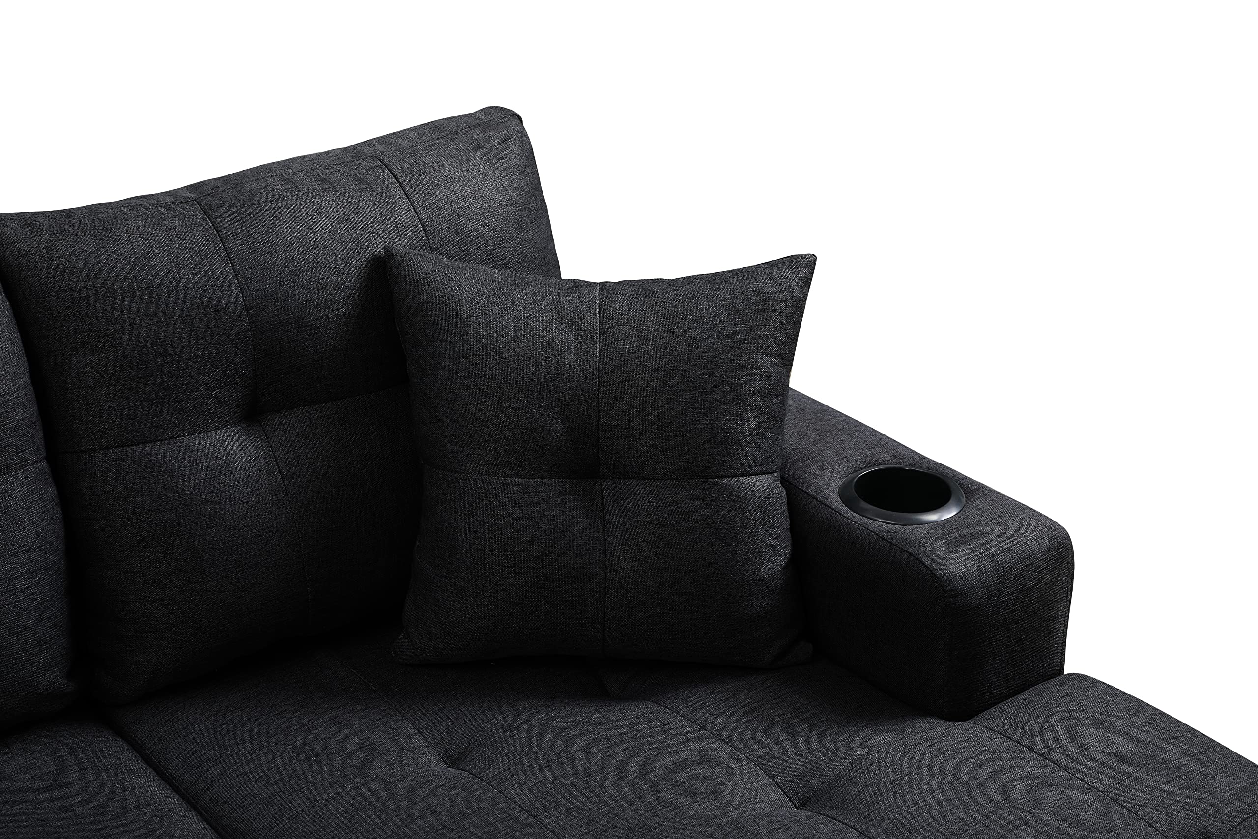 GINGVAT L Shaped Upholstered Sectional Sofa, Modern Fabric Couch with Reversible Chaise and 2 Cupholders, Living Room Furniture Fashion Design, Black