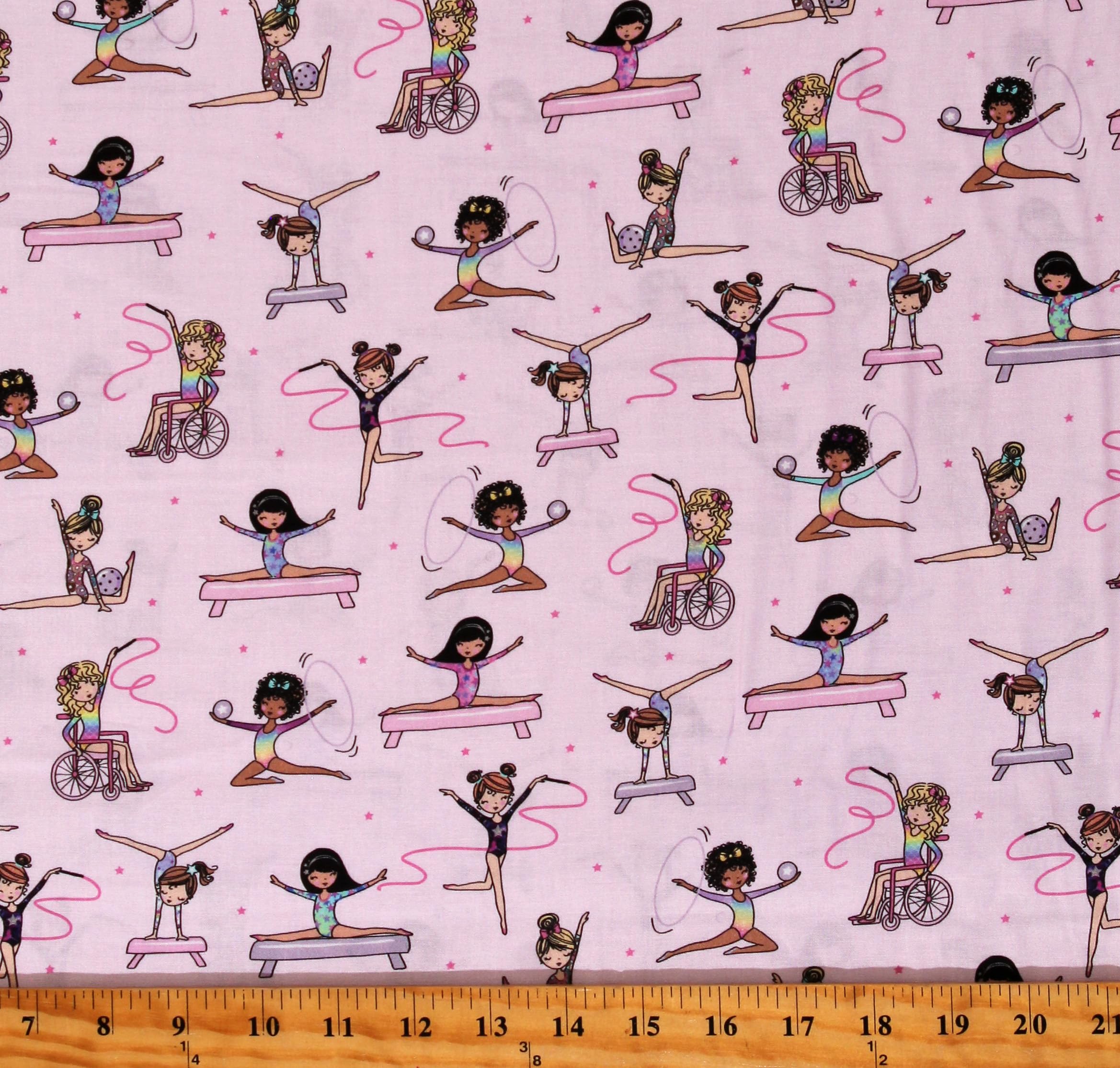 TIMELESS TREASURES Cotton Gymnasts Training Gymnastics Girls Pink Cotton Fabric Print by The Yard (KIDZ-CD2508-PINK), 44 Inches