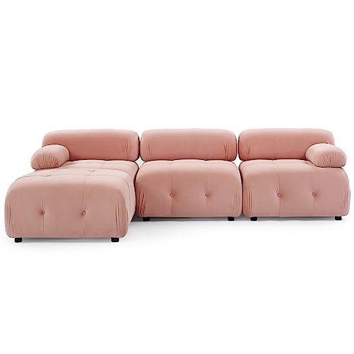 FAVSH L-Shaped Couch with Reversible Ottoman,Modular Sectional Sofa with Button Tufted and Free Combination for Living Apartment,Office,Teddy Fabric,Pink