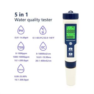 Generic 5-in-1 Pool Salt Tester & pH Meter with Temperature, TDS, EC: High Accuracy Water Analyzer for Pools, Spas, Drinking Water, Aquariums & Hydroponics