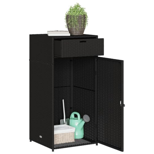 GOLINPEILO Wicker Patio Garden Storage Cabinet, Outdoor Towel Rack & Pool Cabinet, Freestanding PE Rattan Wicker Storage Cabinet, Black 21.7"x21.7"x43.7" Poly Rattan, -343