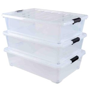 bringer set of 3 large under bed plastic storage bins with lids, 50 l clear plastic latch storage box with wheels