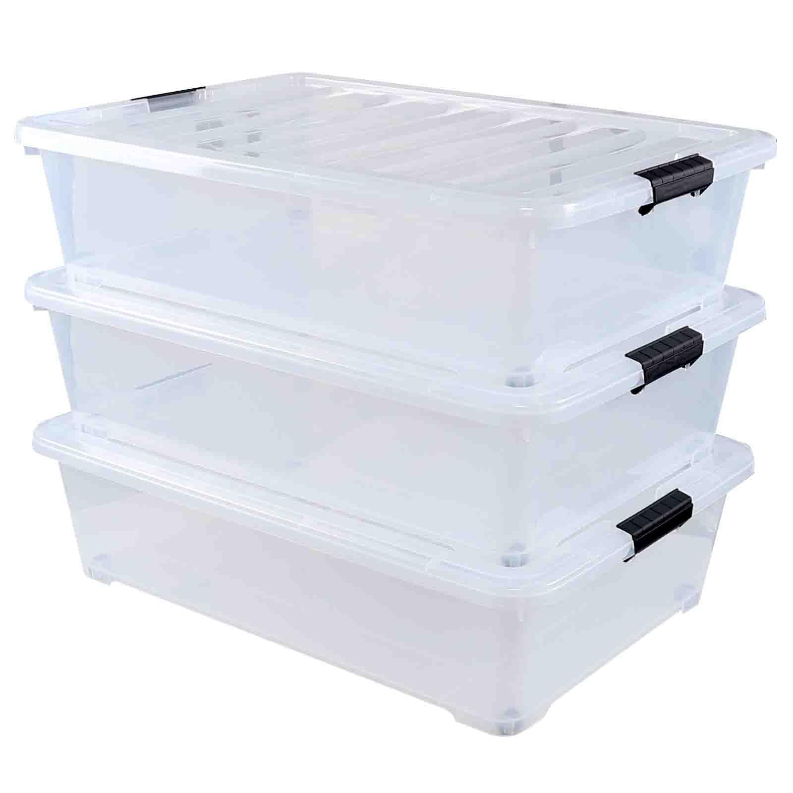 Bringer Set of 3 Large Under Bed Plastic Storage Bins with Lids, 50 L Clear Plastic Latch Storage Box with Wheels