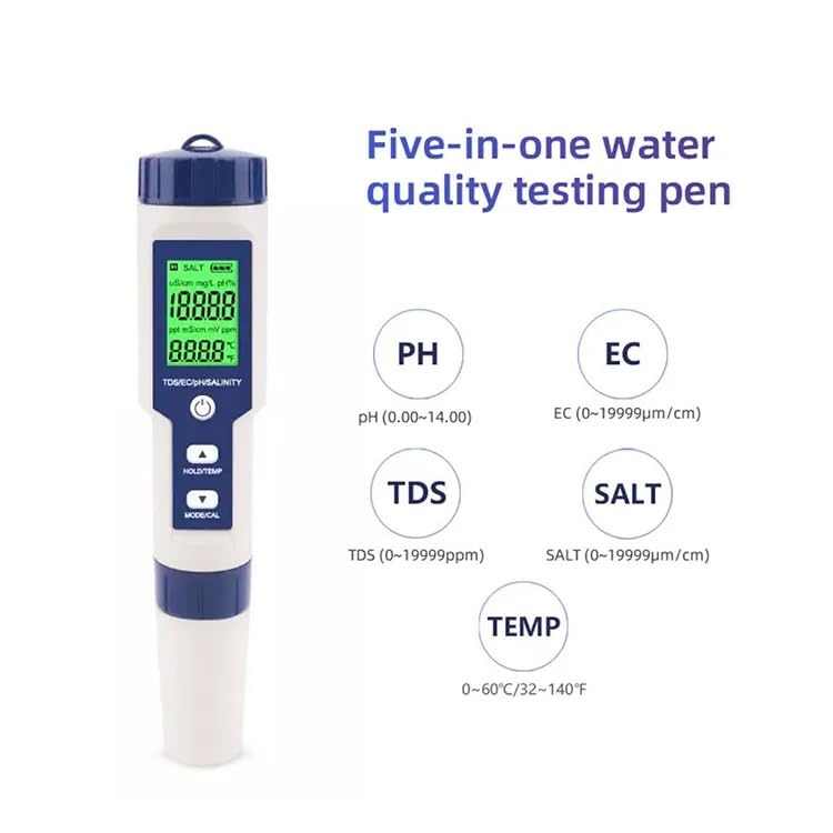 Generic 5-in-1 Pool Salt Tester & pH Meter with Temperature, TDS, EC: High Accuracy Water Analyzer for Pools, Spas, Drinking Water, Aquariums & Hydroponics