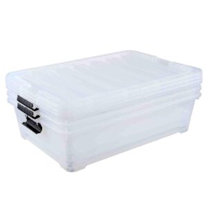 Bringer Set of 3 Large Under Bed Plastic Storage Bins with Lids, 50 L Clear Plastic Latch Storage Box with Wheels