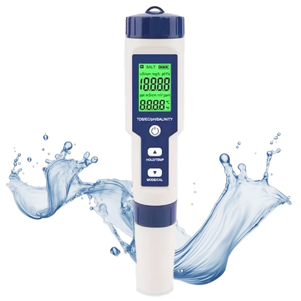 Generic 5-in-1 Pool Salt Tester & pH Meter with Temperature, TDS, EC: High Accuracy Water Analyzer for Pools, Spas, Drinking Water, Aquariums & Hydroponics