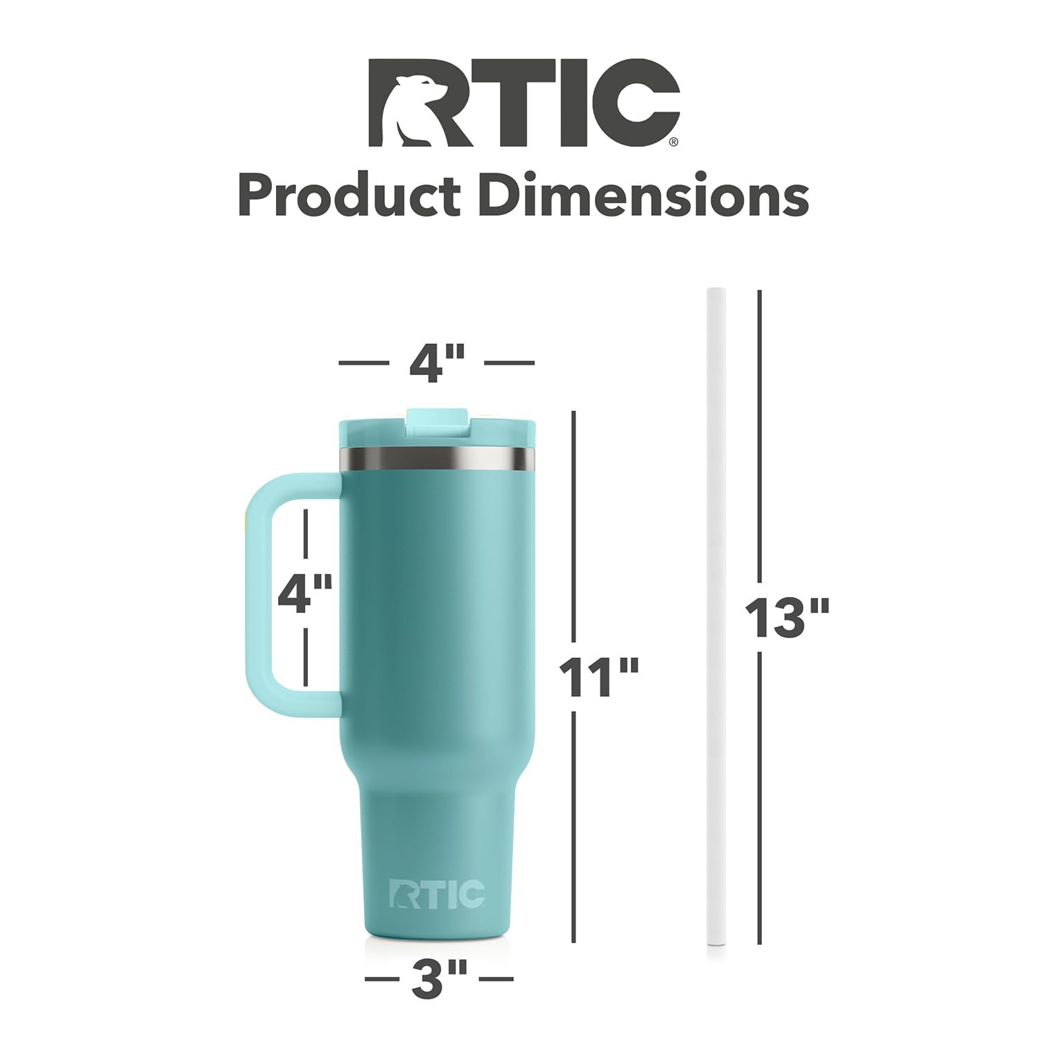 RTIC 40 oz Road Trip Tumbler Double-Walled Insulated Stainless Steel Portable Travel Coffee Mug Cup with Lid, Handle and Straw, Ceramic-Lined, Lagoon