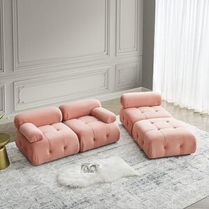 FAVSH L-Shaped Couch with Reversible Ottoman,Modular Sectional Sofa with Button Tufted and Free Combination for Living Apartment,Office,Teddy Fabric,Pink