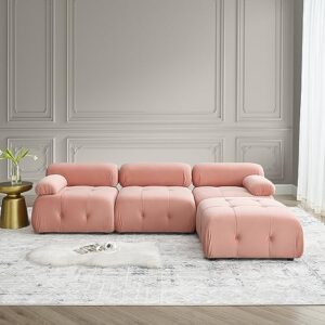 FAVSH L-Shaped Couch with Reversible Ottoman,Modular Sectional Sofa with Button Tufted and Free Combination for Living Apartment,Office,Teddy Fabric,Pink