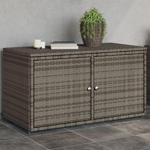 loibinfen Outdoor Wicker Storage Box, Rattan Deck Box Double Openable Door with Lid and Separate Storage Shelf for Patio, Garden Tools, Pools & Sports Equipment, Gray 43.3"x21.7"x23.8", -108