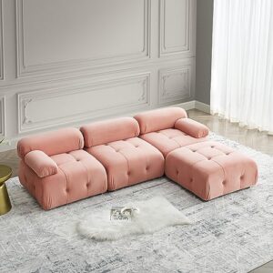 favsh l-shaped couch with reversible ottoman,modular sectional sofa with button tufted and free combination for living apartment,office,teddy fabric,pink