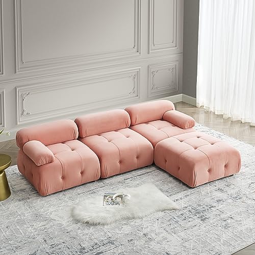 FAVSH L-Shaped Couch with Reversible Ottoman,Modular Sectional Sofa with Button Tufted and Free Combination for Living Apartment,Office,Teddy Fabric,Pink