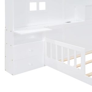 Mirightone Montessori Floor Bed with Rails Full Size Kids Bed Frame with Storage Drawers and Shelves Wood Platform Bed with House-Shaped Headboard and Charging Station, White