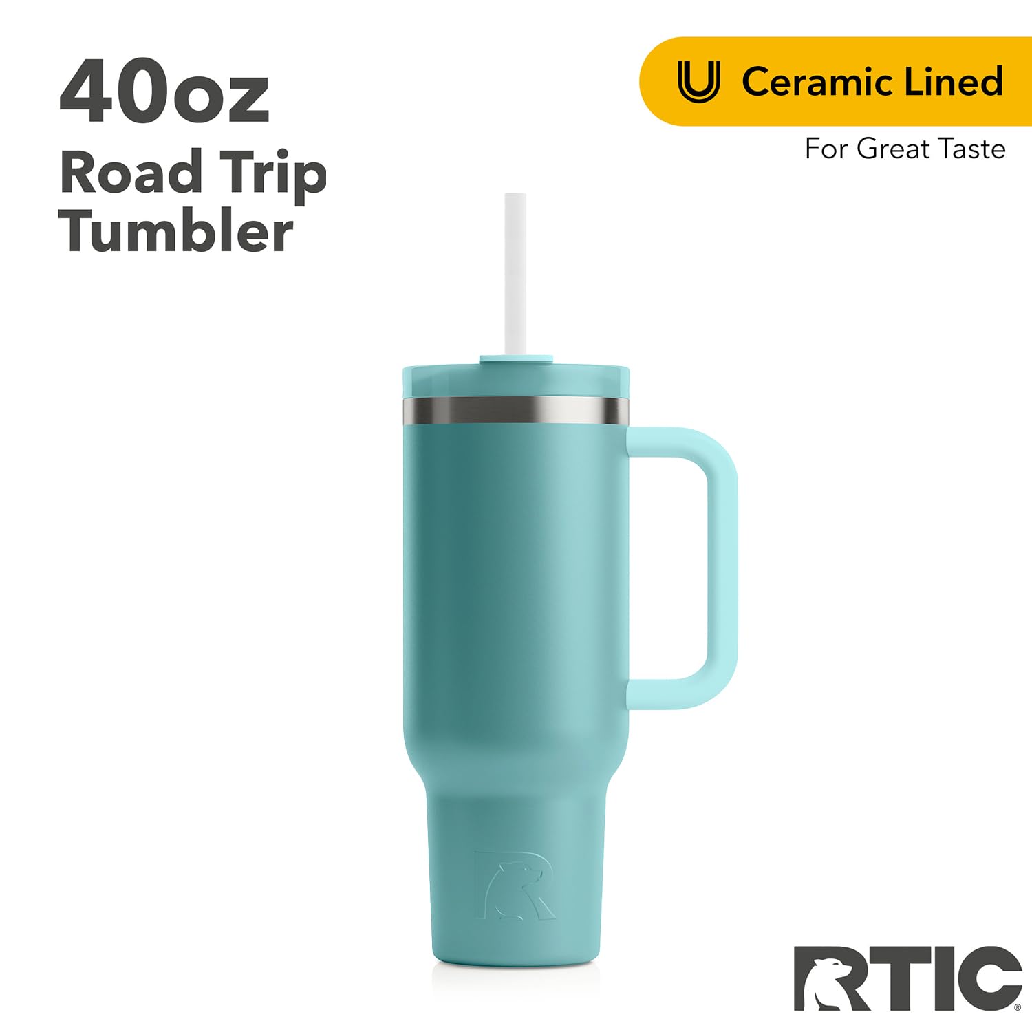 RTIC 40 oz Road Trip Tumbler Double-Walled Insulated Stainless Steel Portable Travel Coffee Mug Cup with Lid, Handle and Straw, Ceramic-Lined, Lagoon