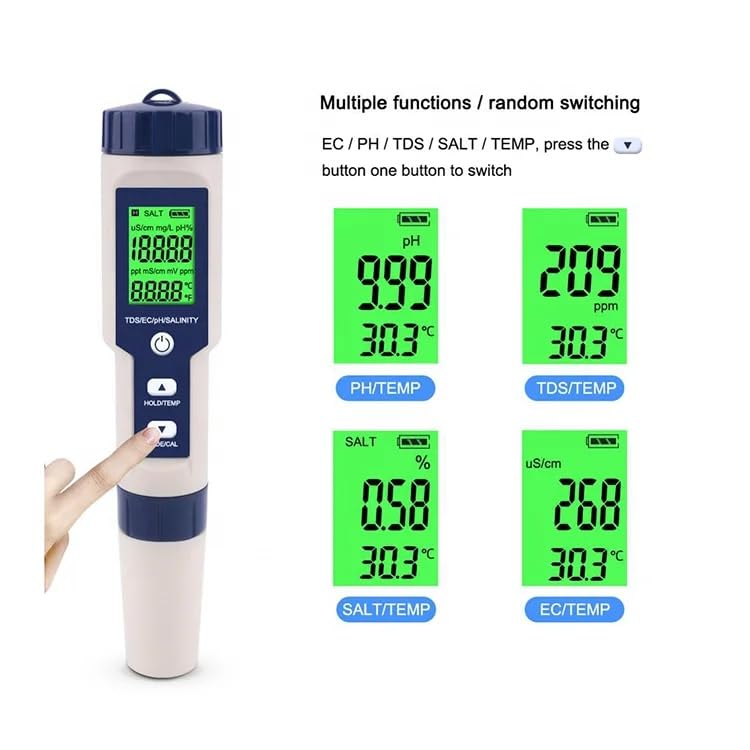 Generic 5-in-1 Pool Salt Tester & pH Meter with Temperature, TDS, EC: High Accuracy Water Analyzer for Pools, Spas, Drinking Water, Aquariums & Hydroponics