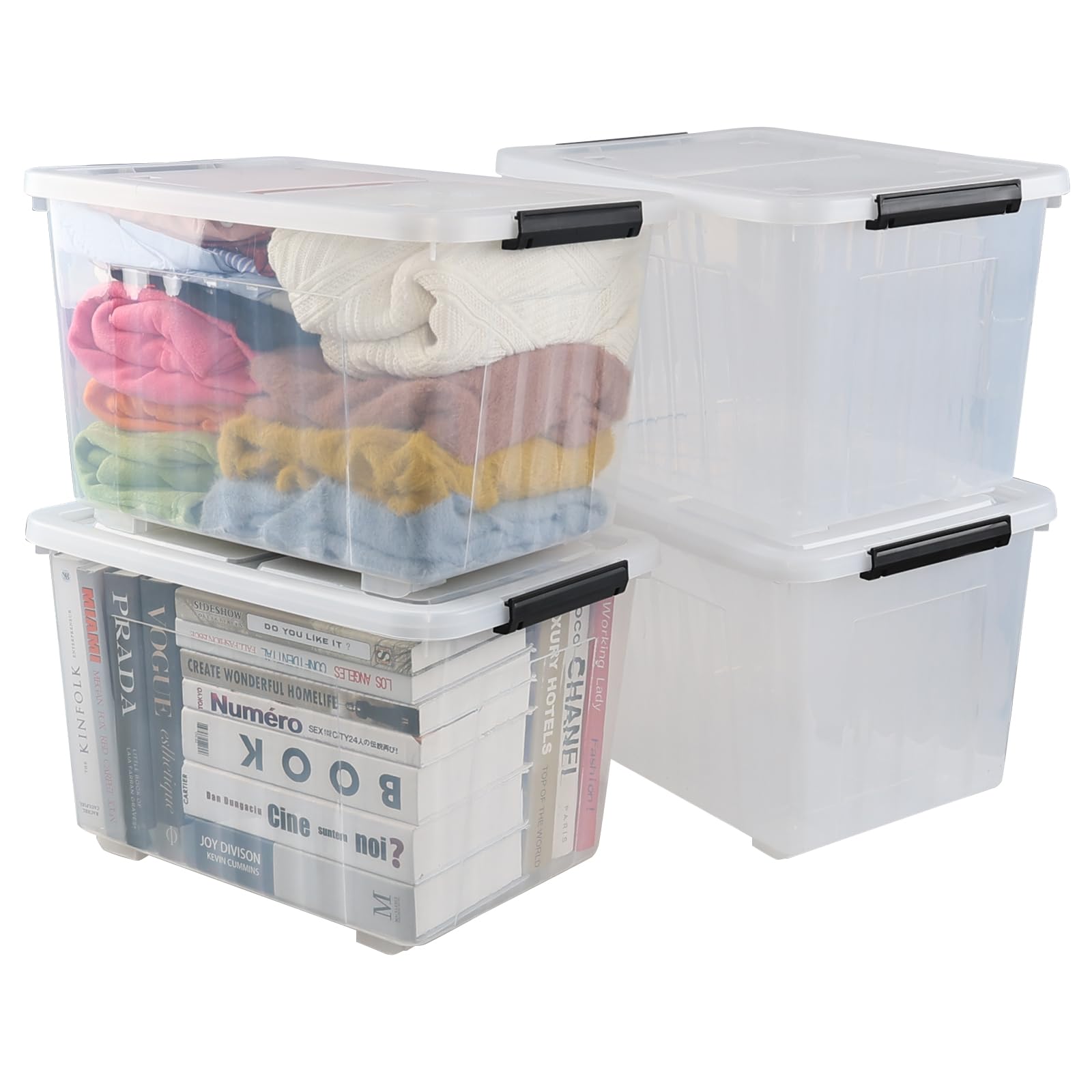 Ewingger 50 L Plastic Lidded Storage Bin, 4 Pack Clear Latching Storage Box with Wheels