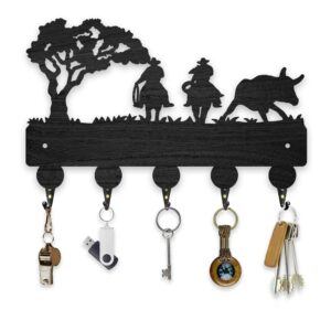 beunitone cowboy wooden key holder for wall cow coat hooks tree wood key rack 11.8x7.9 towel display hanger wall mounted with 5 hooks and screws for entryway front door kitchen hallway office