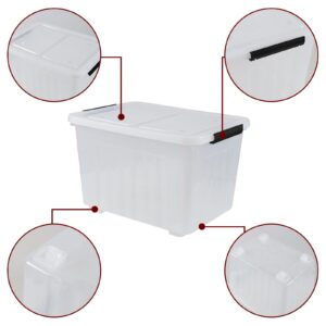 Ewingger 50 L Plastic Lidded Storage Bin, 4 Pack Clear Latching Storage Box with Wheels