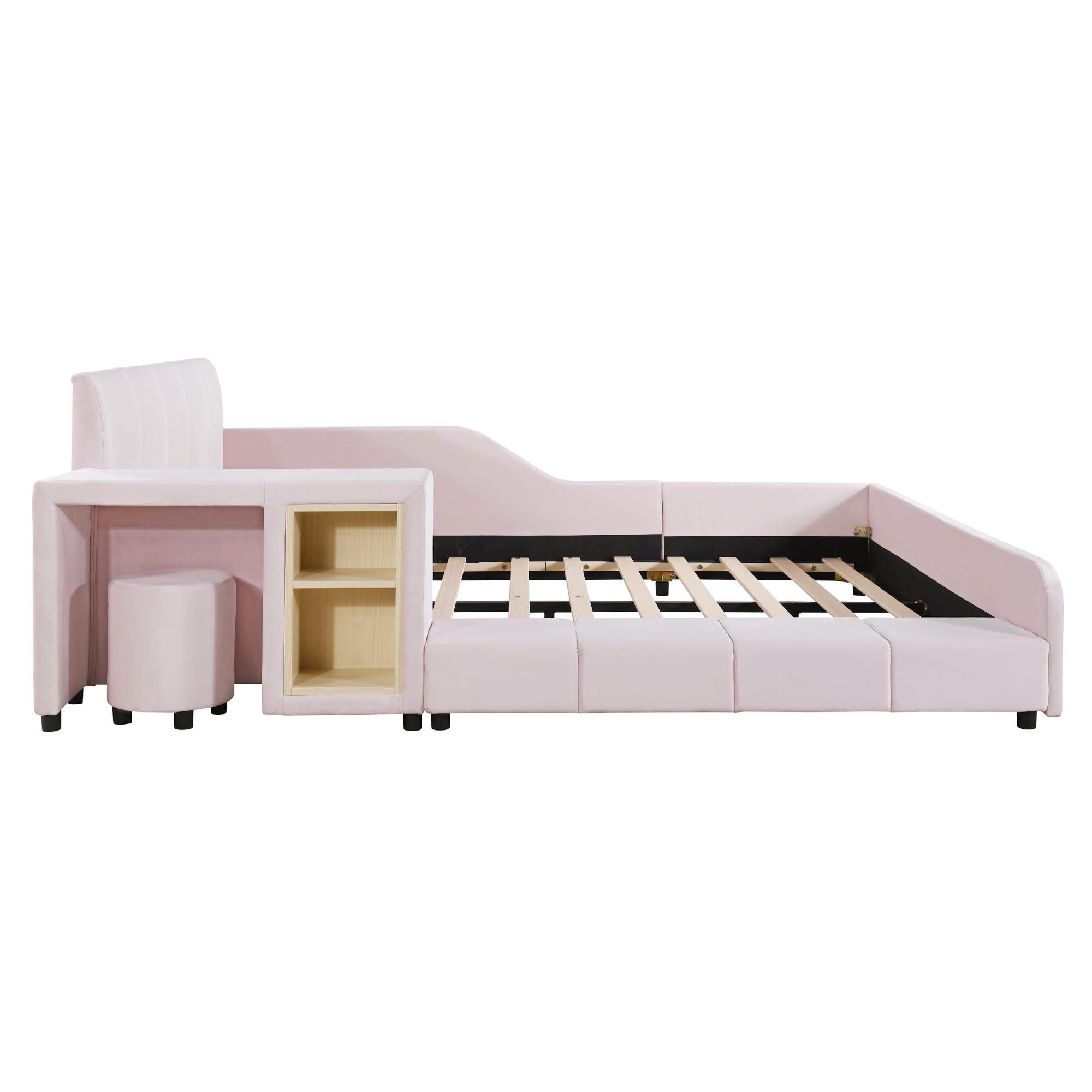 Merax Full Size Upholstered Grounded Bed, Mother & Child Bed with Bedside Desk and Little Round Stool, Velvet, Pink