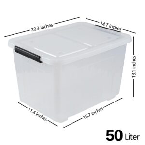 Ewingger 50 L Plastic Lidded Storage Bin, 4 Pack Clear Latching Storage Box with Wheels