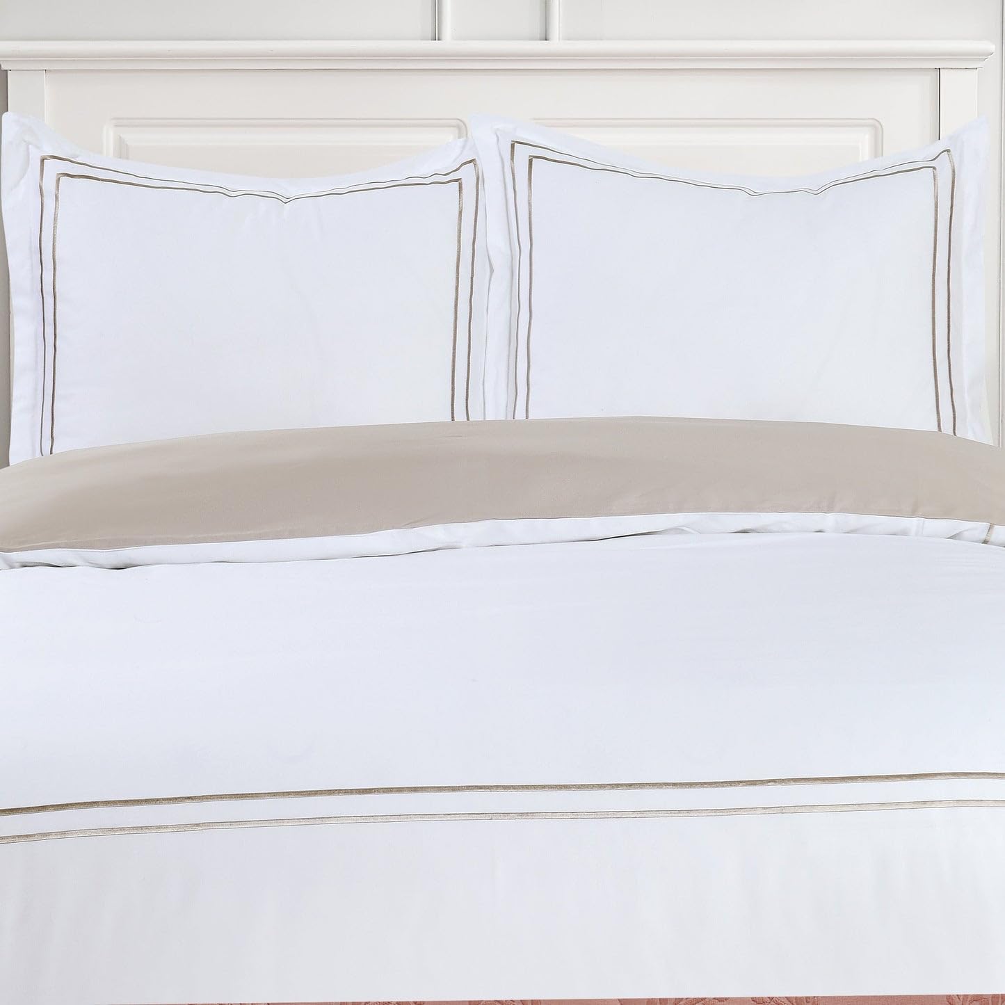 Majestic Giftware Madison Linen 6-Piece Queen Size Duvet Bedding Set (BL51-Q-3) | Flora Hotel Collection-White-Taupe Embroidery 400 TC Cotton Sateen | 1 Fitted Sheet, 1 Duvet, 4 Pillowcases