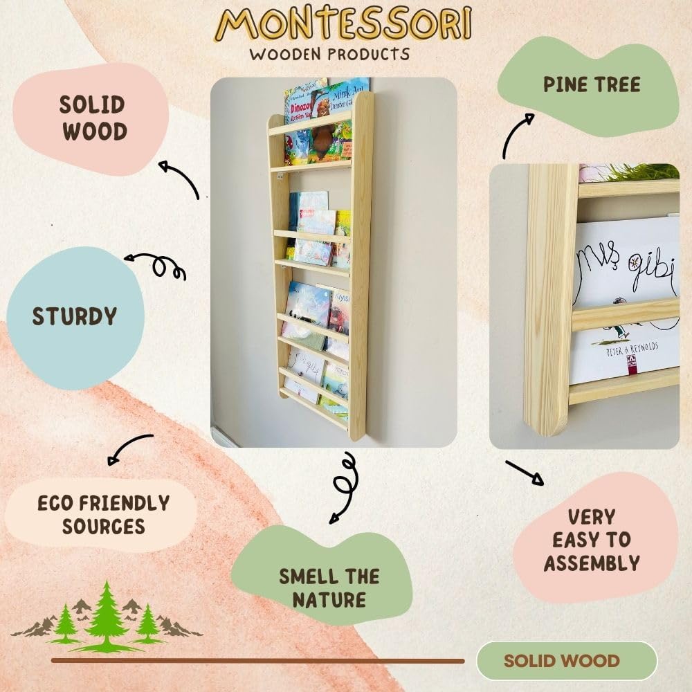 Furpinea Handmade Natural Wood 4 Tier Montessori Wall Mounted Kids Wide Book Shelf for Nursery (Narrow 13" Width, Natural)