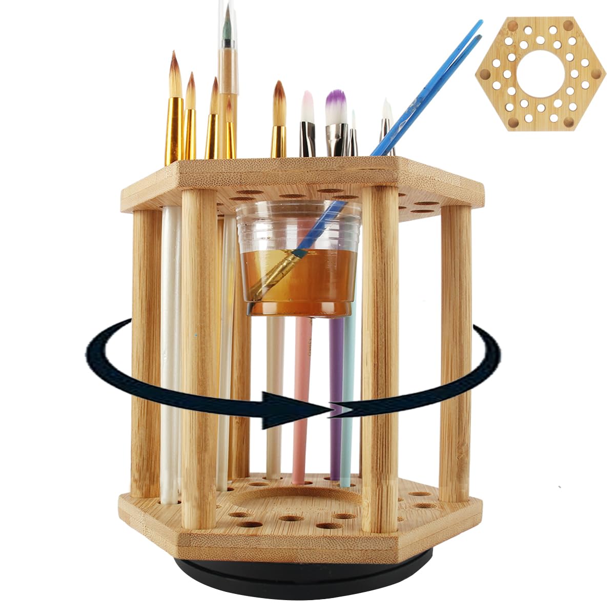 LITAITAI Paint Brush Holder Bamboo Paint Brush Holder,Rotating Watercolor Paint Brush Holder Display Stand and Organizer with 24Holes and 1 Big Hole for Desk, Arts and Crafts (1PCS)