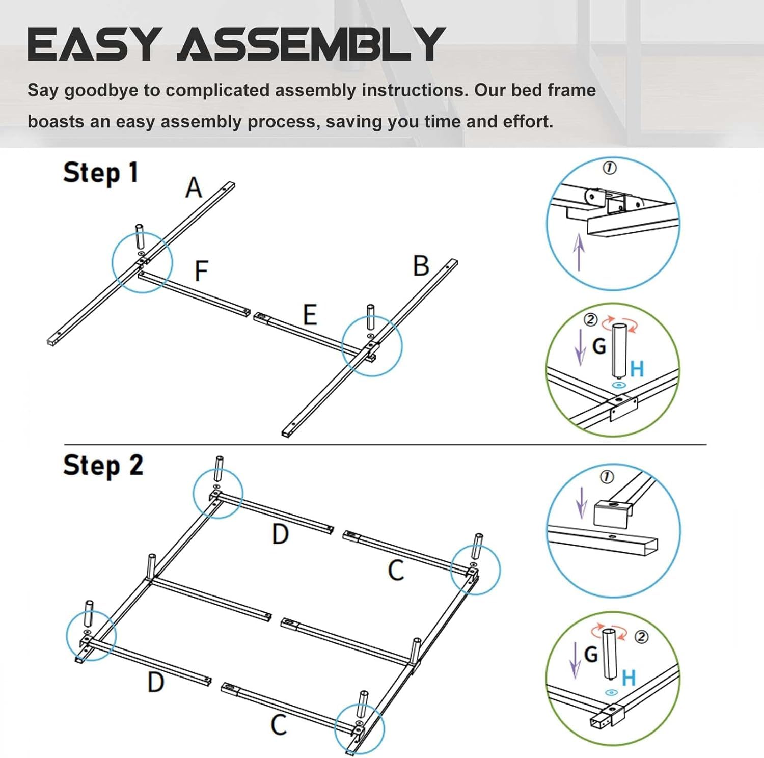 VTWAZAST Queen Size Bed Frame, 7 Inch Metal Heavy Duty Base for Box Spring, 9-Leg Support, Non-Slip, Noise-Free, Easy Assembly, Black