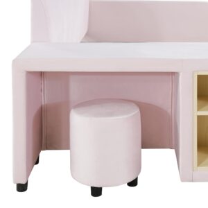 Merax Full Size Upholstered Grounded Bed, Mother & Child Bed with Bedside Desk and Little Round Stool, Velvet, Pink